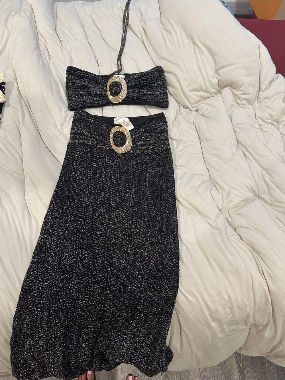 Capittana Black Metallic Knit Maxi Skirt with Buckle Detail